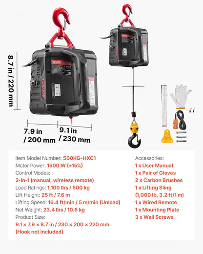 VEVOR Elektrische kabellier, 2-in-1, 500 kg, 1500 W kabel, 7,6 m hefhoogte, 5 m/min hefsnelheid, met handmatige en bekabelde afstandsbediening, voor fabriek, magazijn en garage