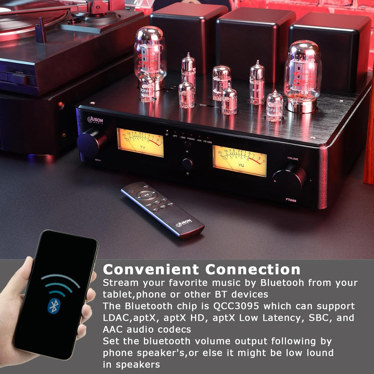 Juson Audio FTA88 Upgrade KT88 ventielbuisversterker, klasse A, hifi-vacuümversterker met BT 5.4 Mosfet, enkelvoudig, dual mode-afstandsbediening, aptX-HD (FTA88 2025)