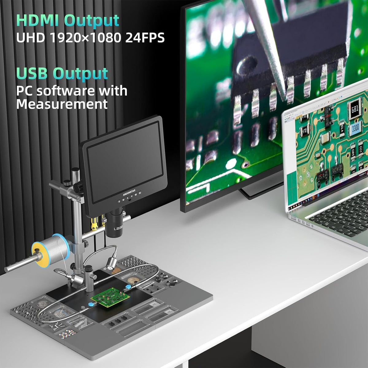 Andonstar AD249S-M Plus 10.1 ''HDMI Solderen Digitale Microscoop voor Elektronica Reparatie, 2000x 3 Lens 2160P UHD Video Record, Solderen Microscoop Station met Helpende Handen, Dia's, 32GB Card