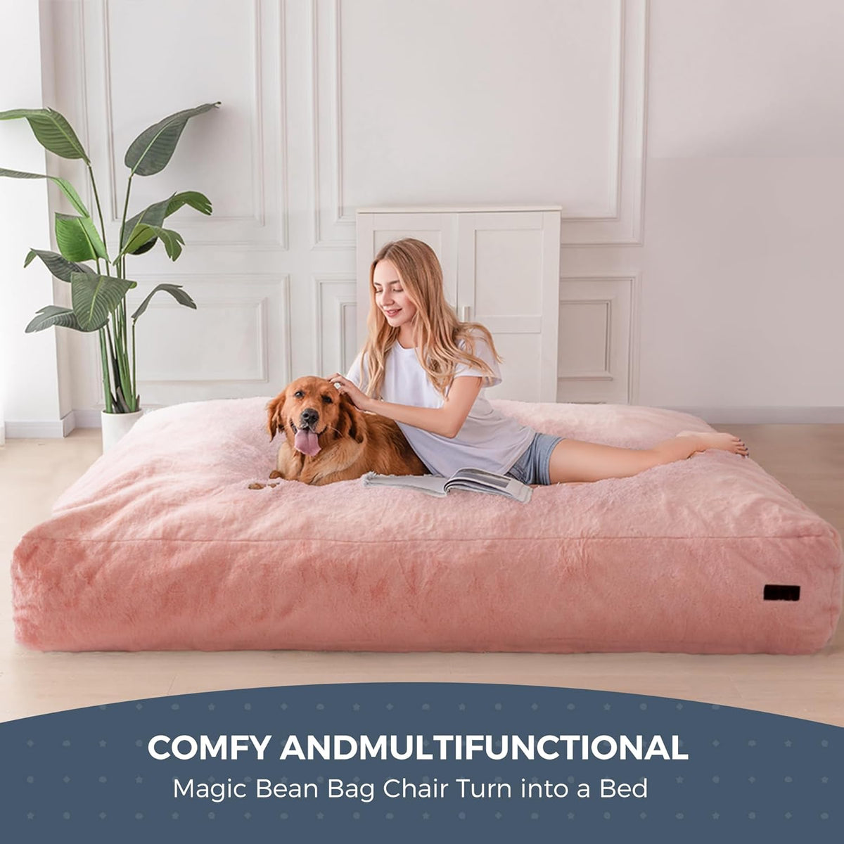 MAXYOYO Bean Bag Bed Convert Bean Bag to Bed Foam Sofa with Shaggy Cover and Fluffy Filling for Adults, Teenagers and Guests (Pink,King Size)