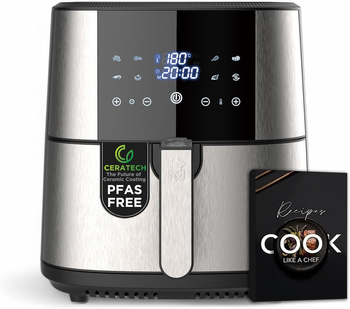 MasterPRO ROCKET 600 Heteluchtfriteuse, 6 l, PFASvrij, 1800 W, 6 l, met keramische coating, led-touchscreen, thermostaat van 80-200 °C, afneembare mand, behuizing van roestvrij staal