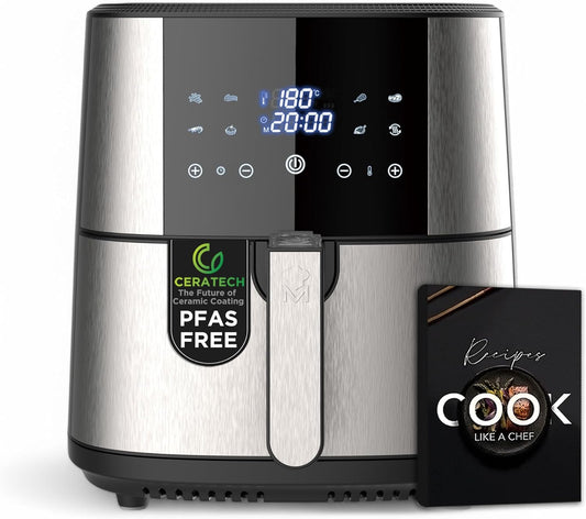 MasterPRO ROCKET 600 Heteluchtfriteuse, 6 l, PFASvrij, 1800 W, 6 l, met keramische coating, led-touchscreen, thermostaat van 80-200 °C, afneembare mand, behuizing van roestvrij staal