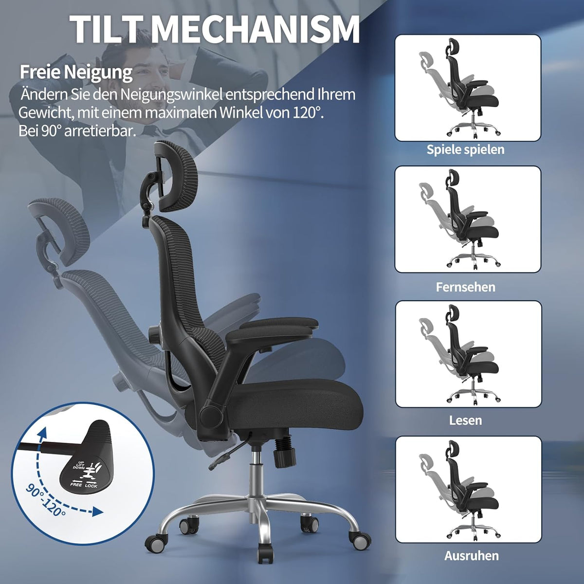 TRALT Bureaustoel, ergonomisch, gamingstoel met verstelbare hoofdsteun, lendensteun, bureaustoel, computerstoel voor grote mensen, mesh-stoel, 150 kg, zwart
