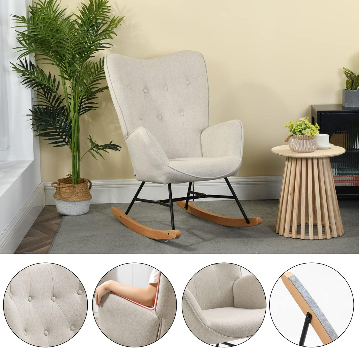 MEUBLE COSY Schommelstoelen, Scandinavische Borstvoeding relaxstoel met armleuningen en gestoffeerde zitting voor woonkamer, slaapkamer, metalen frame en houten sokkel, grijs, 66x84x97cm