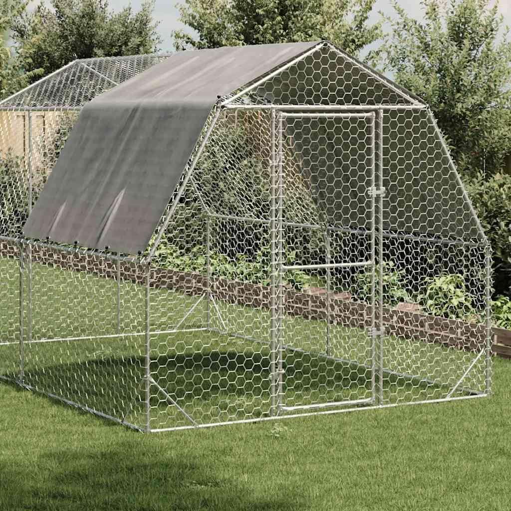 Chicken Coop with Roof, 2.5 x 4 x 2.25 m, Galvanised Steel, Small Animal Hutch, Cage, Chicken Coop, Outdoor Enclosure - QUORE