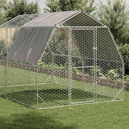 Chicken Coop with Roof, 2.5 x 4 x 2.25 m, Galvanised Steel, Small Animal Hutch, Cage, Chicken Coop, Outdoor Enclosure - QUORE