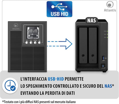 Atlantis A03-OP1002XLN UPS OnLine 88% stillere onderbrekingsgroep, server, dubbele conversie, zuivere sinusgolf, 1000 VA 700 W, Low Noise Gelid ventilator 23,6 dbA, USB, 2 Schuko + 1 IEC, 2 x 12 V-9