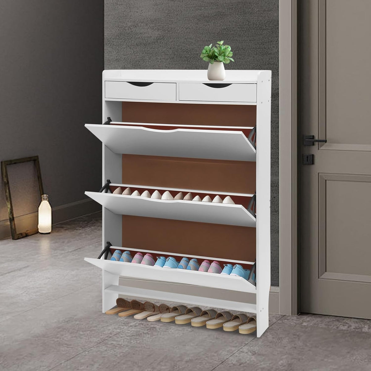 Shoe cabinet with 3 flaps, 80 x 17 x 125 cm, white, shoe rack, shoe cabinet, narrow, 15 kg, load capacity with two cupboards - QUORE