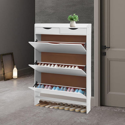 Shoe cabinet with 3 flaps, 80 x 17 x 125 cm, white, shoe rack, shoe cabinet, narrow, 15 kg, load capacity with two cupboards - QUORE