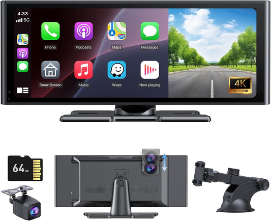 Carplay scherm voor auto 10,3 inch HD IPS draadloos compatibel met Apple Carplay & Android Auto, Touch Car Play Screen met SuperLink, 4K Dash Cam, 1080p Backup Camera, Loop Recording, Bluetooth Audio