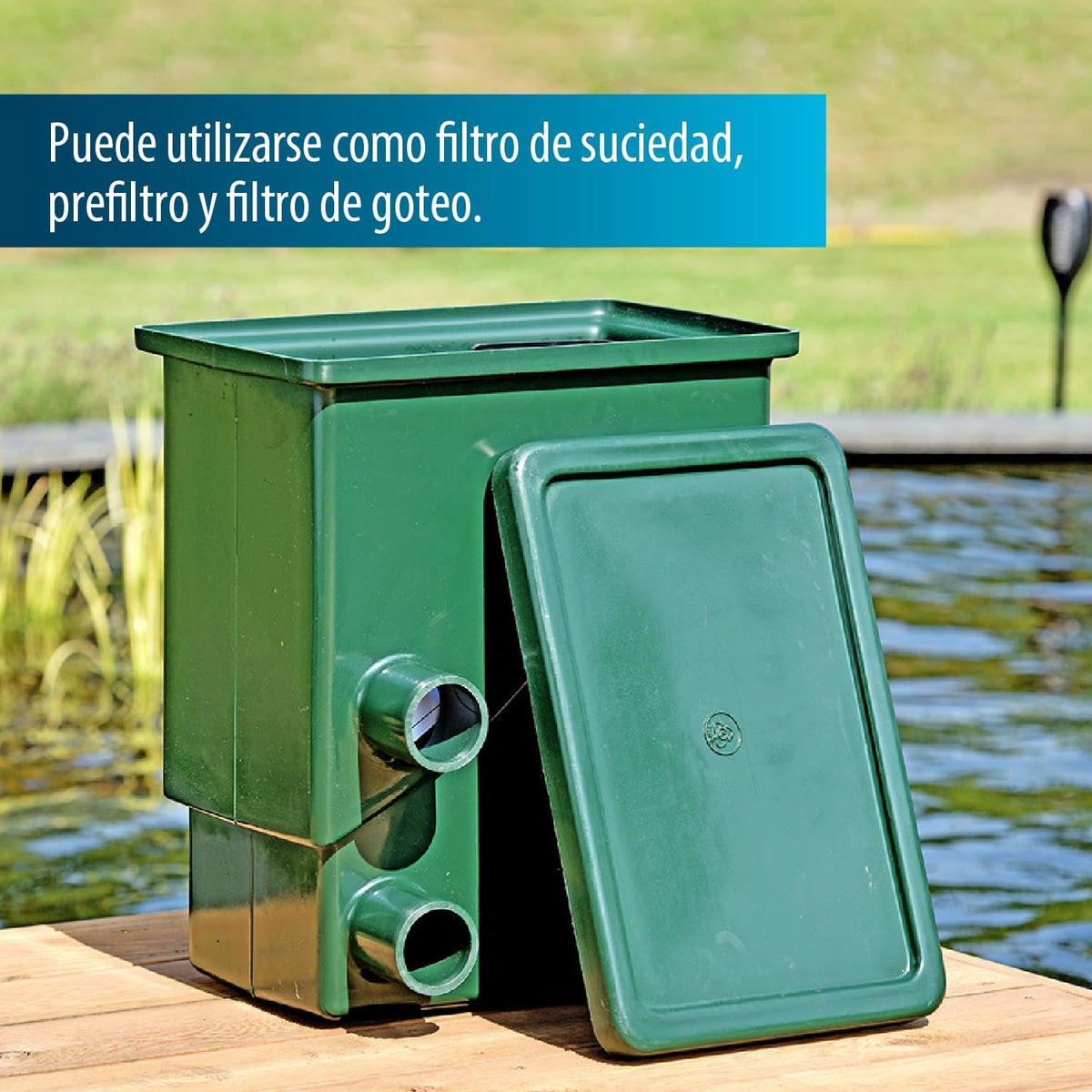 AquaForte CompactSieve, 49 x 32 x 55 cm, zebelement 40 x 24 cm en doorlaat 300 micron, max. vermogen 15 m³/uur, pompingang 3 kranen 25/32/40 mm slangaansluiting, af- en overloopbeveiliging 75 mm