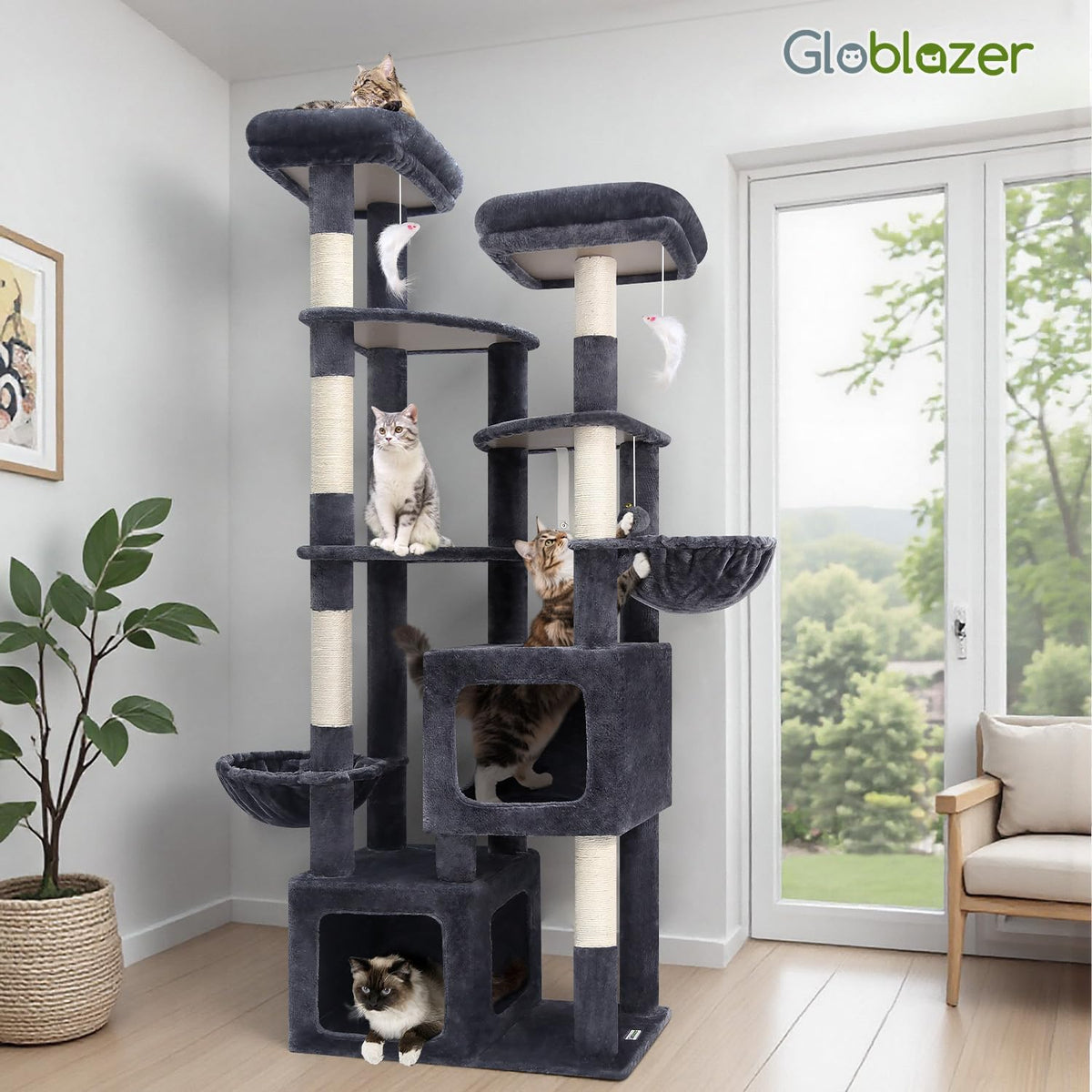 Kattenboom – Krabpaal – Kattenmeubel – Klimpaal – XXL Kattenboom – Donkergrijs – Extra Grote Kattenhuizen 45x40x35 cm – 189 cm Hoog Met 3 Brede Platforms