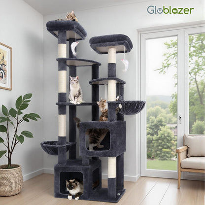 Kattenboom – Krabpaal – Kattenmeubel – Klimpaal – XXL Kattenboom – Donkergrijs – Extra Grote Kattenhuizen 45x40x35 cm – 189 cm Hoog Met 3 Brede Platforms