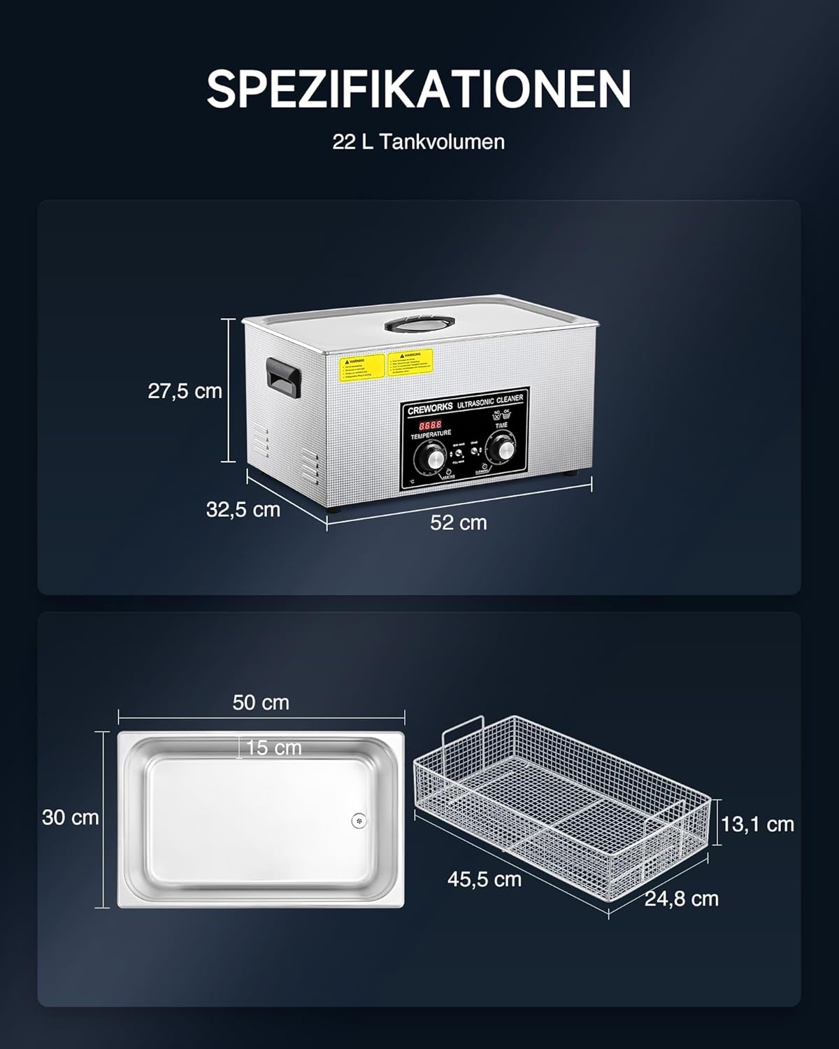 Ultrasone Reiniger – Ultrasoon Apparaat – Schoonmaakmachine – Reinigingsbad – Spoelbak – 22 Liter Tank – Roestvrijstalen Behuizing – Instelbare Timer en Verwarming Tot 80°C