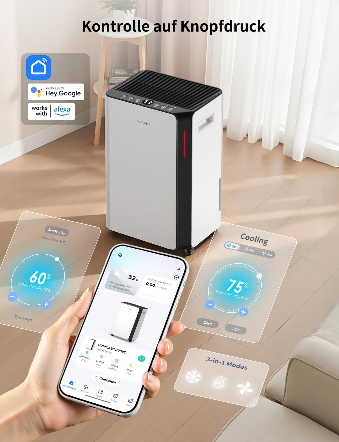 Elektrische luchtontvochtiger – Luchtontvochtiger – Ontvochtiger – Ruimteontvochtiger – Kelderontvochtiger – 20 Liter per Dag voor Ruimtes tot 60 m² – Wifi- en App-bediening met 3 Bedrijfsmodi