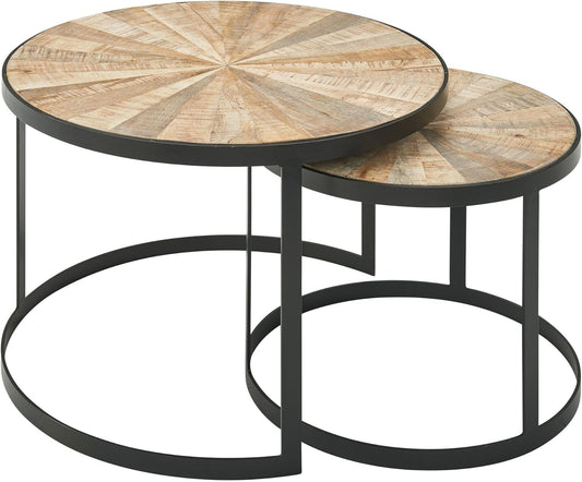 Bijzettafel – Sidetable – Nachtkastje – Salontafel – Banktafel – Set Van 2 – Rond – Massief Mangohout – Matzwarte Metalen Poten - QUORE