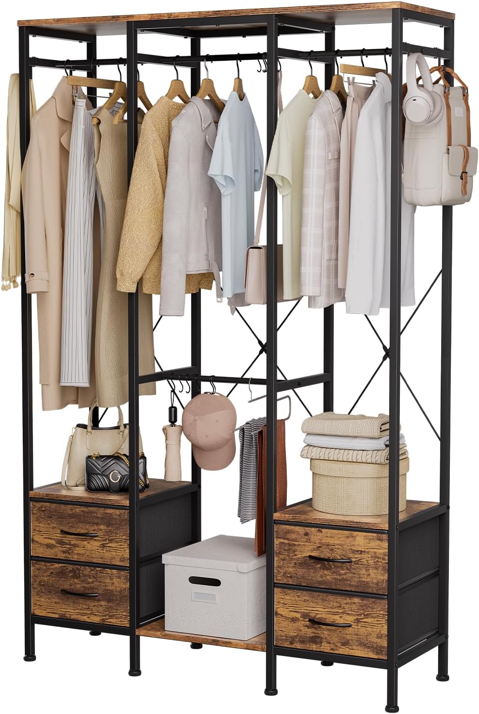 Kledingkast, Open Kledingkast, Kledingrek met Lades, voor Slaapkamer, Open Kledingkast voor Hangende Kleding, Stalen Frame, Landelijk Bruin, Rustiek Bruin