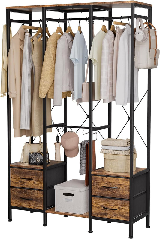 Kledingkast, Open Kledingkast, Kledingrek met Lades, voor Slaapkamer, Open Kledingkast voor Hangende Kleding, Stalen Frame, Landelijk Bruin, Rustiek Bruin