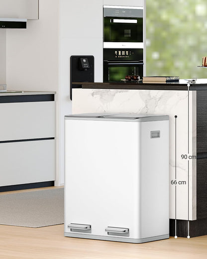 Hzuaneri Kitchen Trash Bin, Waste Separation System, 2 Compartments, 60 L (2 x 30 L), Stainless Steel Kitchen Trash Bin, Pedal Bin, Silent Slow Waste Bag, with 15 Exclusive Waste Bag, White