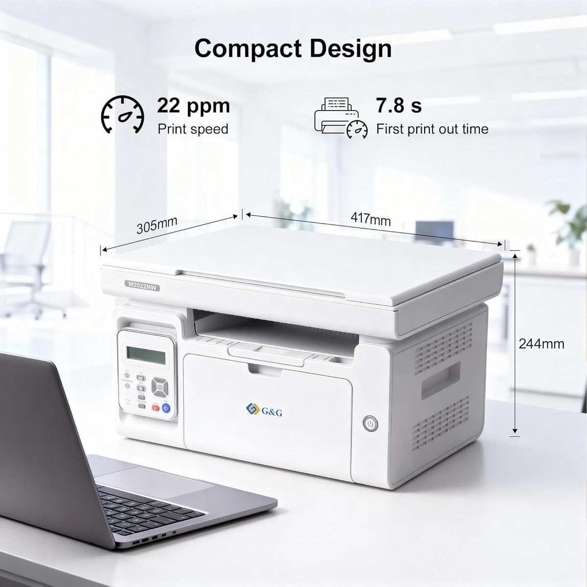 G&G M2022NW Laser Printer, Multifunction Device with Printer, Scanner and Copier, Black and White, Wi-Fi (22-23 pm)