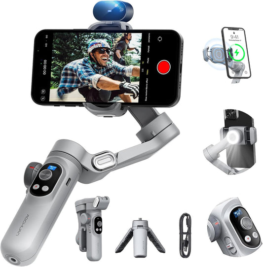 Gimbal Stabilizer voor Smartphone AI-tracking (geen app), 3-assige gimbal met OLED-display/ingebouwd licht, stabilisator voor iPhone en Android, AOCHUAN X Pro Grey AI-versie