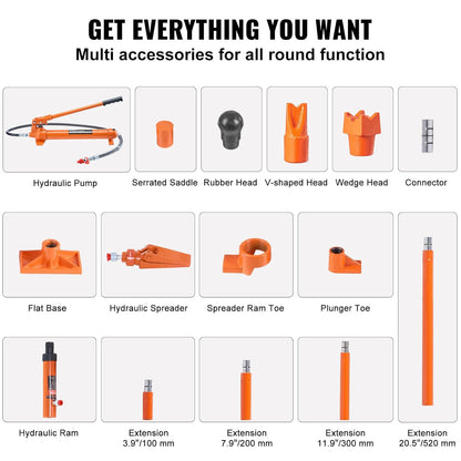 VEVOR Hydraulic Cylinder Construction Kit, Portable Hydraulic Jack 10t with 1.4m Oil Hose, Body Frame Repair Kit with Storage Case for Car Repair Truck Farmhouse Orange