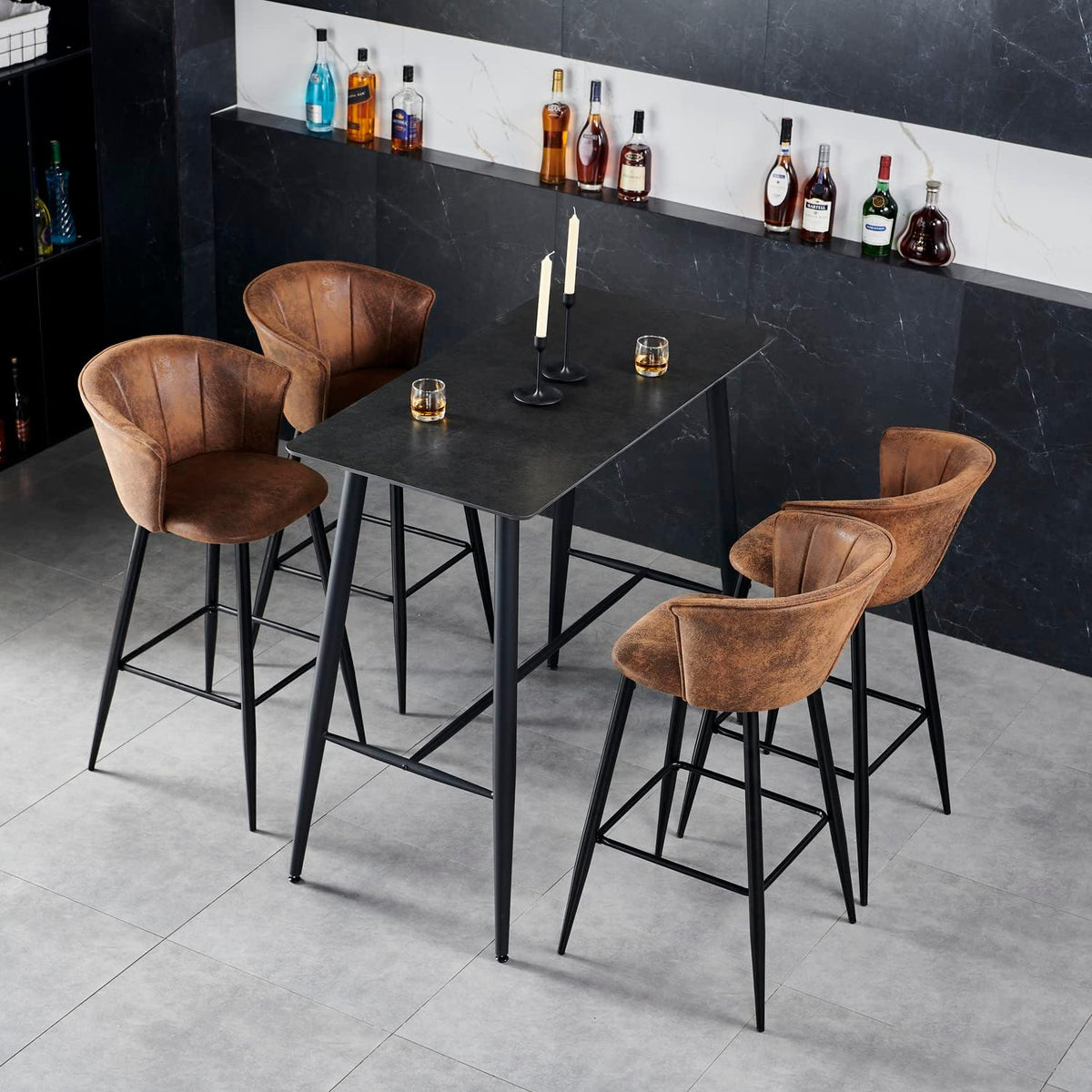 MEUBLE COSY Barkrukken, set van 2 retro barstoel vintage met armleuning rugleuning en voetensteun van synthetisch suède, metalen poten, bruin, 52,5x56,5x102cm