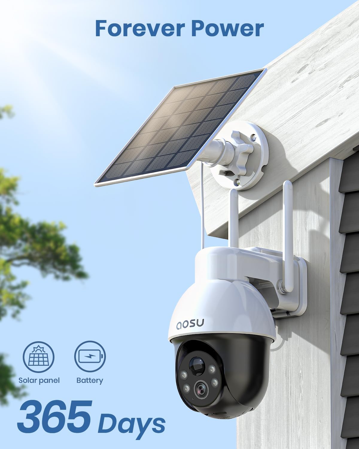 AOSU Draadloos Buiten Systeem voor Zonnebeveiligingscamera's, 3K/5MP WiFi Camera op Batterij voor Huisbeveiliging, Panoramische PTZ, Auto Tracking, Nachtzicht, Spotlights, 2-Weg Gesprek