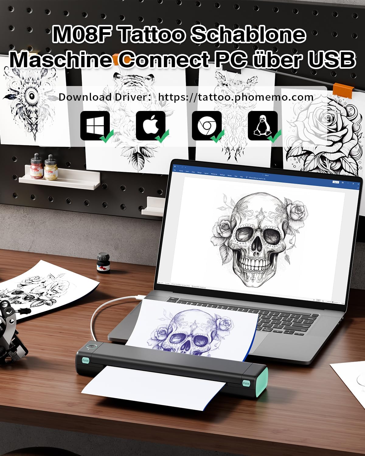 Phomemo M08F Tattoo Thermal Template Machine, Thermal Template, Maker for Beginners, Tattoo Artists, with 10 Pieces Tattoo Paper, Compatible with Smartphones and PC - QUORE
