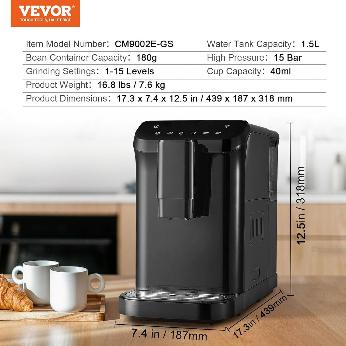 VEVOR Automatische espressomachine, professionele espressomachine 15 bar met geïntegreerde molen, 15 maalstanden, met 1,5 l waterreservoir en 180 g bonentrechter, voor kantoor