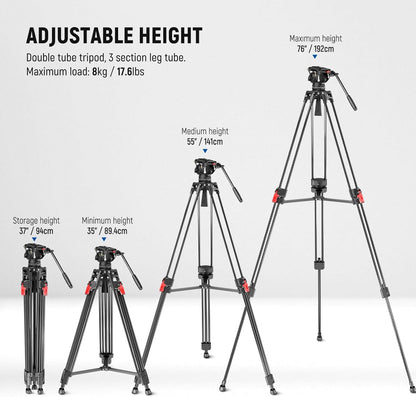 Videostatief – Camerastatief – Fotostatief – Filmstatief – Statief – Verstelbaar Van 89,4 Tot 192 Cm – Vloeistofkop Met 360° Pan En Kantel – Stevige Aluminium Constructie Tot 8 Kg