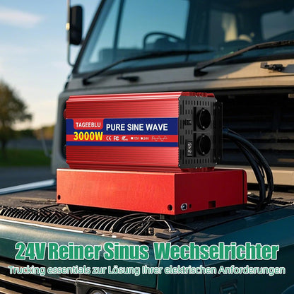 3000W zuivere sinusomvormer DC 24V naar AC 230V spanningsomvormer, omvormer voor voertuigen met krokodillenklem, 2 AC stopcontacten en LCD scherm