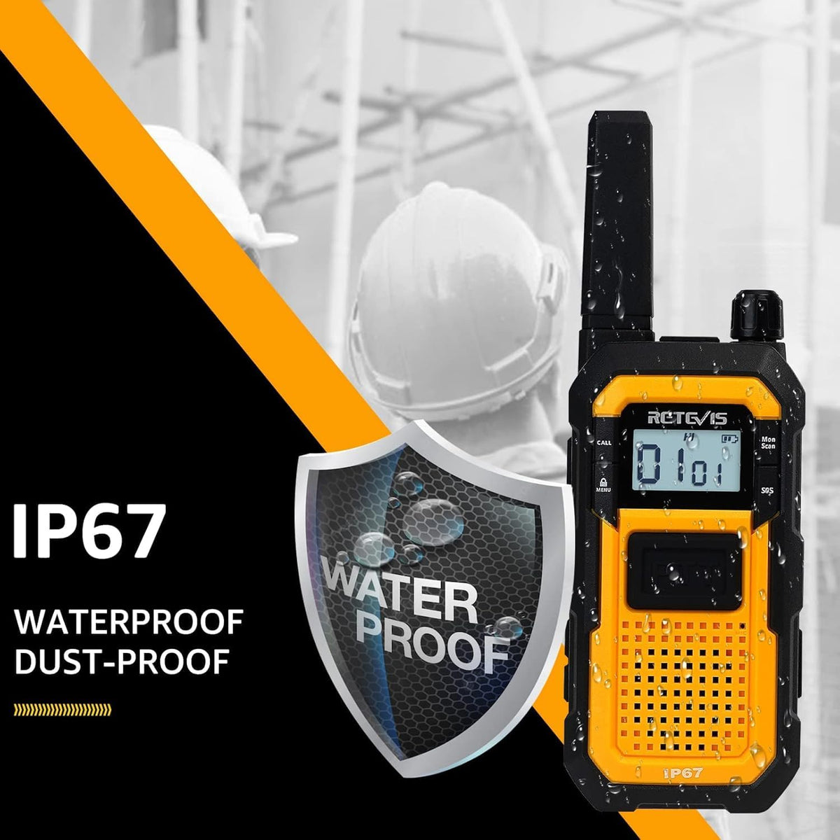Retevis RB648 Zware Tweewegradio IP67 Waterdicht Stofdicht Robuuste Walkietalkies met Dual PTT VOX Oplaadbare Langeafstandsradio's voor Aannemers, Werklocaties en Buitengebruik (2-pack)