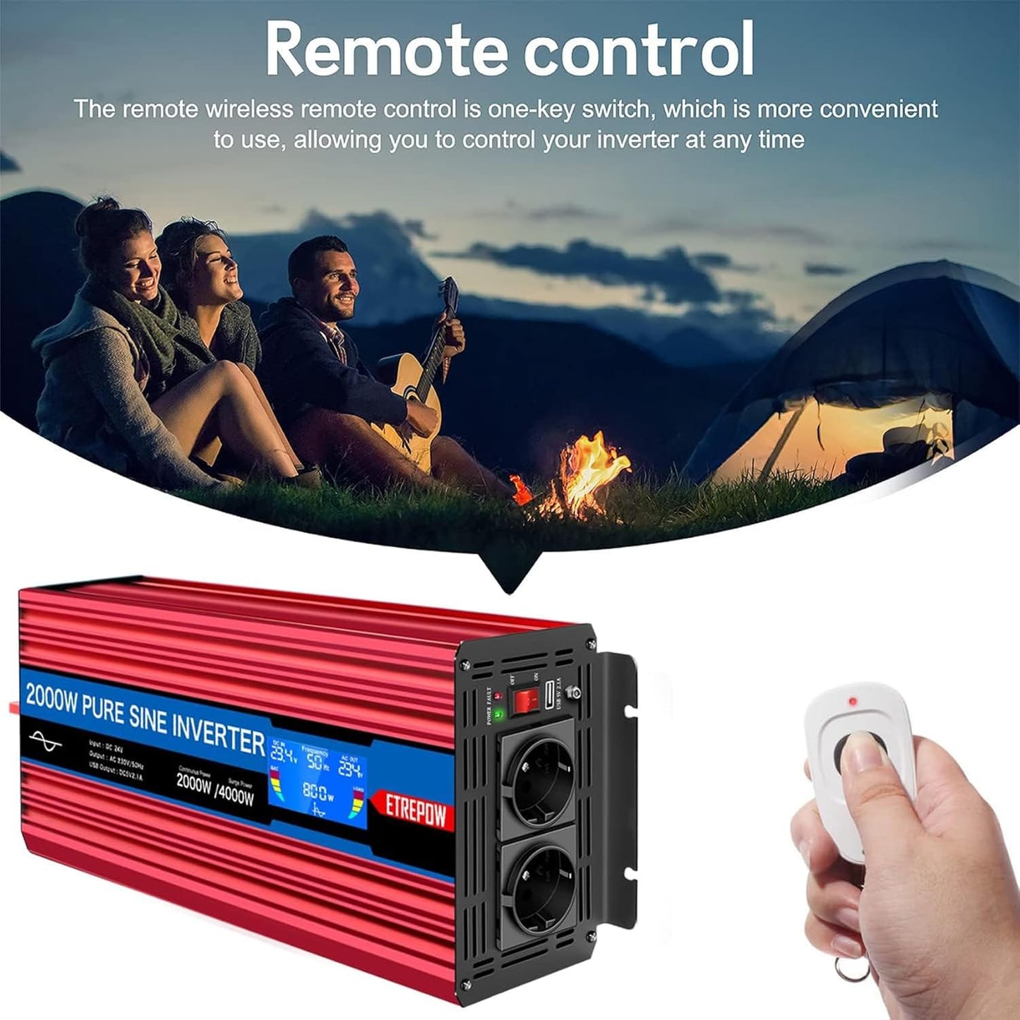 Omvormer 2000W/4000W 24V naar 230V Pure Sinus Volt ETREPOW Auto spanningsomvormer Omvormer Converter Pure Sine Wave Power Inverter DC AC omvormer (Draadloze afstandsbediening, display)