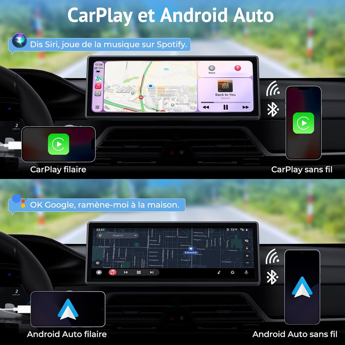 10,26 inch Carplay-scherm, compatibel met CarPlay en Android Auto, Car Play-display met 1080p achteraanzicht, mirror link, spraakbediening, bluetooth-audio, GPS, FM, AUX