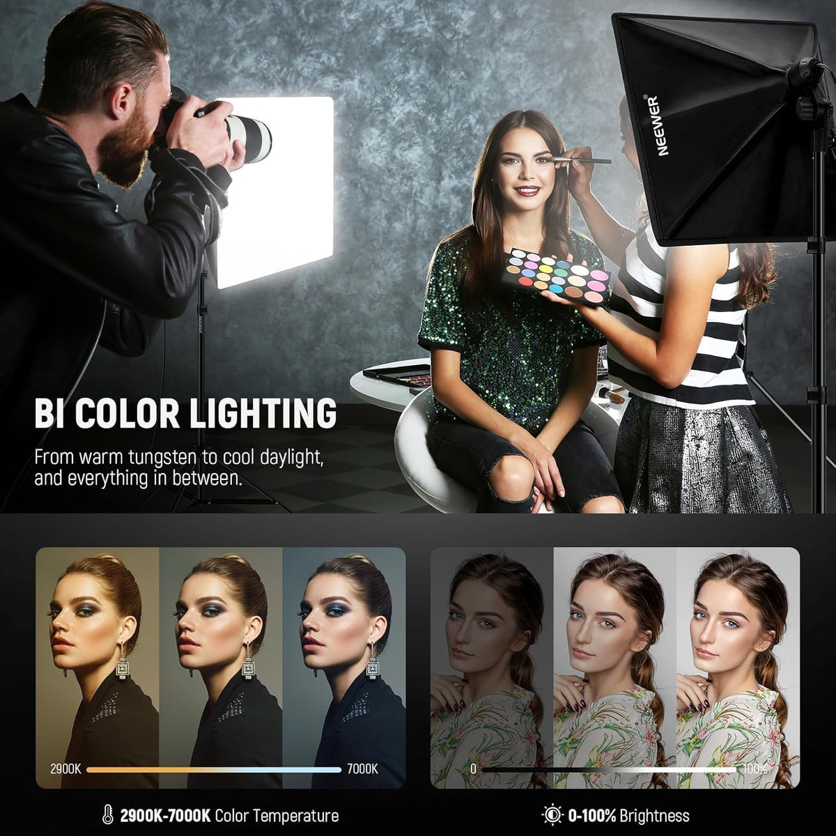 NEEWER NK103 Softbox verlichtingsset met statiefstandaard, set van 2, 45 W tweekleurige 2,4 G led-gloeilampen, 10 kanalen, 2900K-7000K, 1400Lux/m, CRI95, 20 m afstandsbediening, continue fotografie