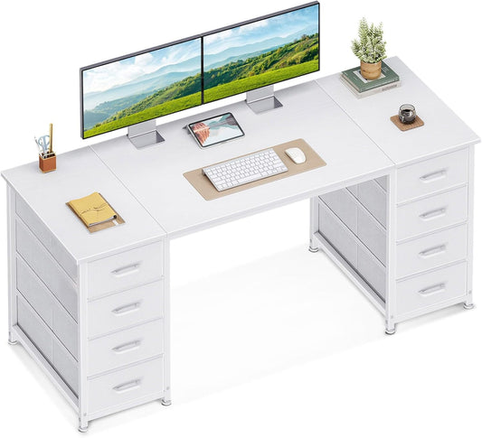 Coleshome Bureau met 8 Stoffen Laden, 140 x 48 cm, Wit Bureau met Opbergruimte, Computertafel, Bureautafel, PC-Tafel, Kantoortafel voor Kantoor, Woonkamer, Thuiskantoor