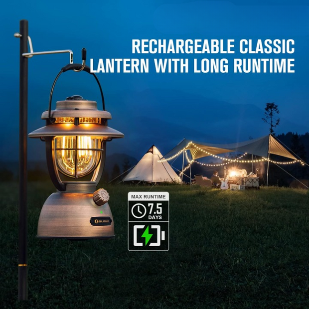 Campinglamp - Kampeerlamp - Retro Stijl LED-lantaarn - Dimbare - Draagbare - met Noodstroombank - USB-C & A Oplaadbaar - voor Buiten - Camping - Noodsituatie - IPX5 Waterdicht - 300Lm - 11200 mAh - Vintage Koperen Afwerking