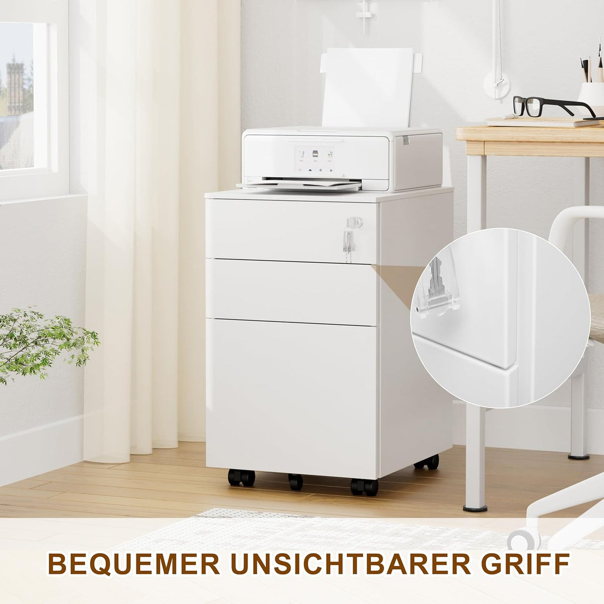 Rolcontainer met laden, mobiele archiefkast onder bureau, afsluitbare bureaukast, printtafel, 3 laden, 4 sleutels, voorgemonteerd, kantoor, thuiskantoor, voor A4/Legal/Letter