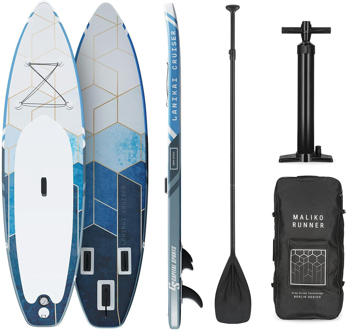 Capital Sports Lanikai Cruiser Opblaasbaar stand-up paddleboard, sup, sup board, set: board + peddel + riem + rugzak + pomp, cruiservorm, telescopische peddel