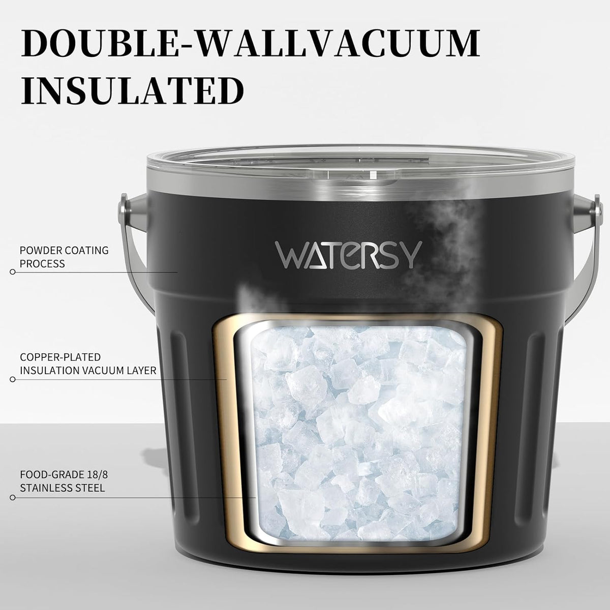 WATERSY Roestvrijstalen Ijsemmer 7,6L - met Deksel, Handvat, Ijstang en Schep - Dubbelwandig Geïsoleerd, Langdurige Koeling - voor Cocktail, Whisky, Wijn, Bier - voor Thuisbar, Feestjes en BBQ (Zwart)