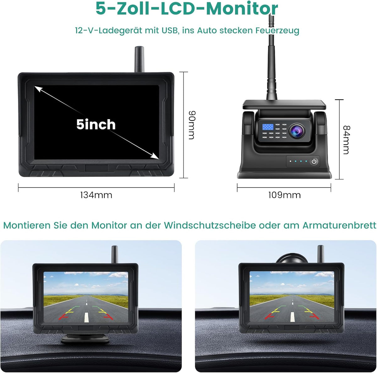 Magnetische draadloze achteruitrijcamera op zonne-energie, 5 inch monitor, AHD 1080P, achteruitrijcamera, oplaadbare batterij, geen bedrading, geen boren, draadloze back-upcamera voor