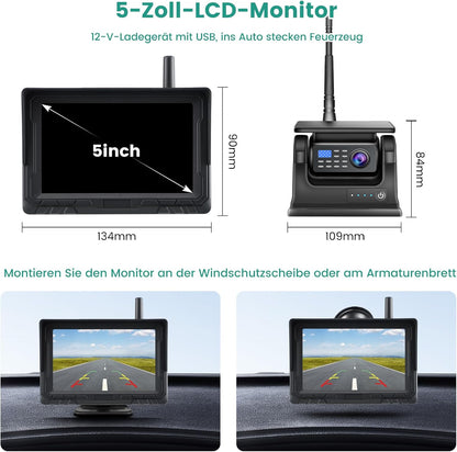 Magnetische draadloze achteruitrijcamera op zonne-energie, 5 inch monitor, AHD 1080P, achteruitrijcamera, oplaadbare batterij, geen bedrading, geen boren, draadloze back-upcamera voor