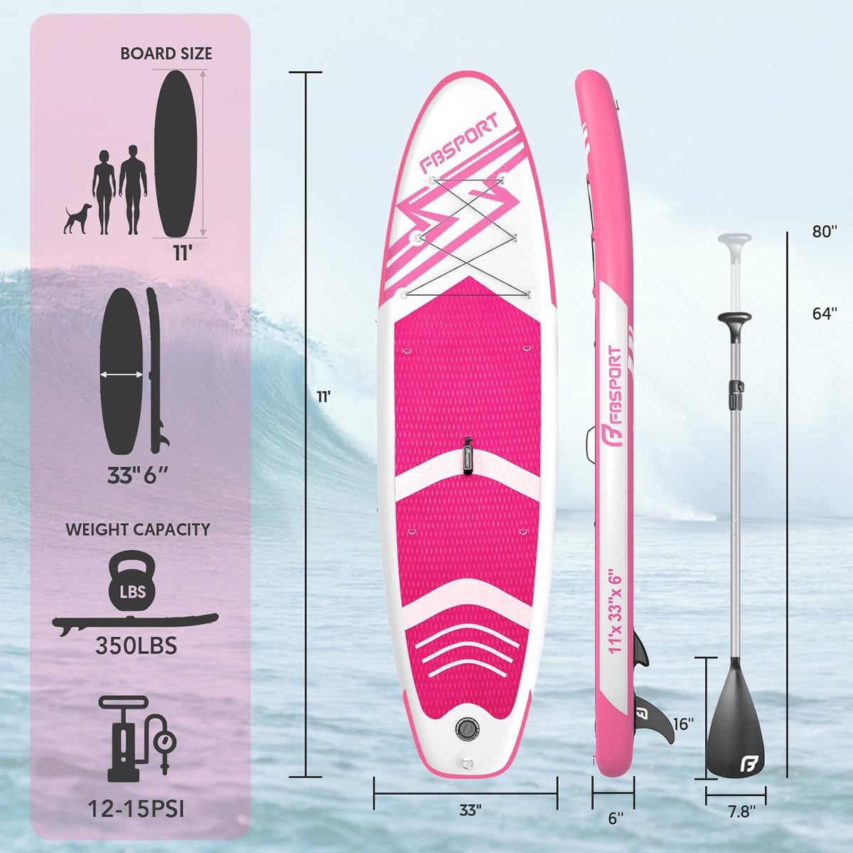 FBSPORT Opblaasbaar stand-up-paddleboard, stand-up paddleboard, 15 cm dik, surfplankkit met verstelbare aluminium SUP-peddel + handpomp