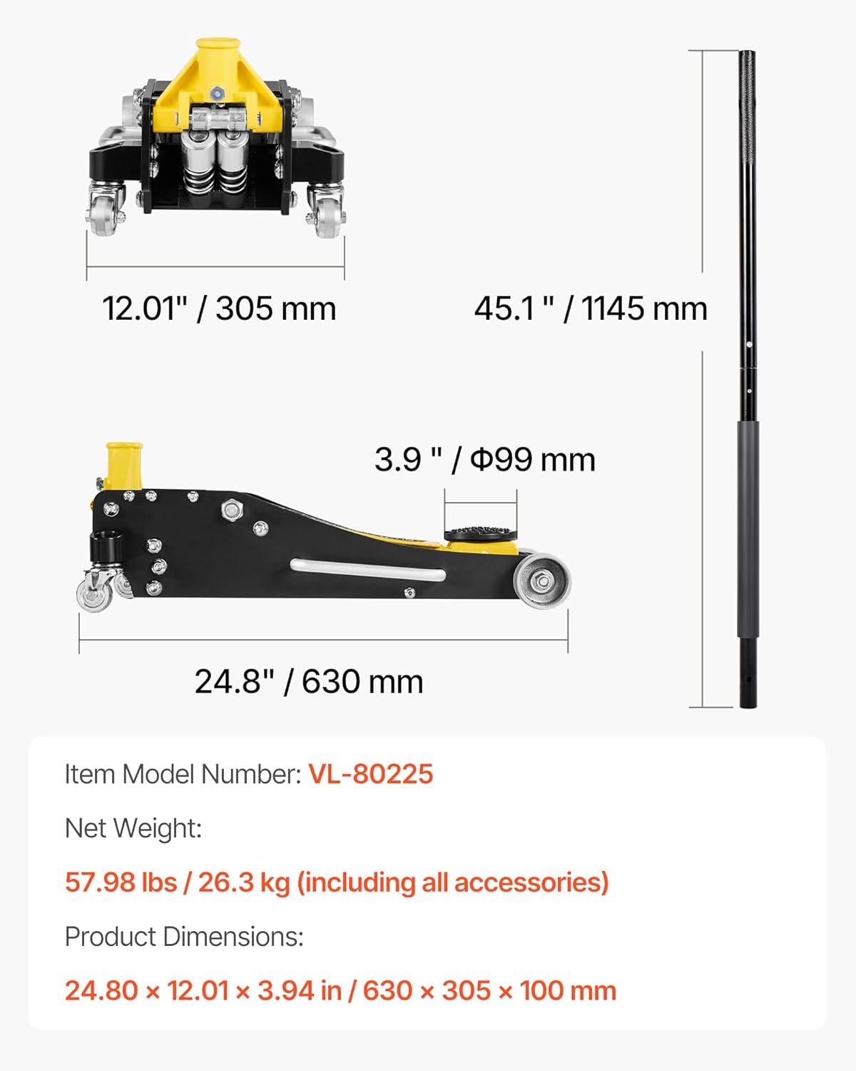VEVOR Garagekrik met laag profiel en 360° wielen, 2,5 t, snelzuigerpomp, 95-475 mm hefhoogte, hydraulische krik voor compacte SUV's, geel + zwart