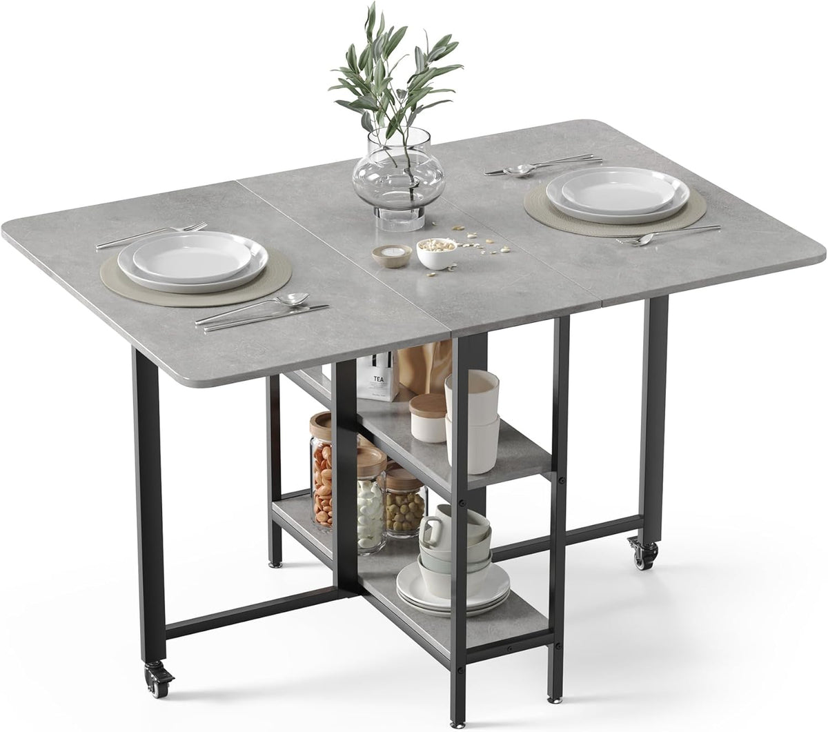 Mondeer Mobiele opvouwbare eettafel, klaptafel met 2 open opbergplanken voor kleine ruimtes, eetkamer, keuken, 120 x 80 x 75 cm, grijs