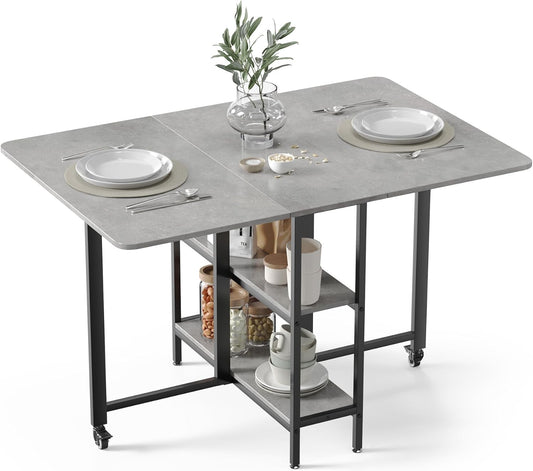 Mondeer Mobiele opvouwbare eettafel, klaptafel met 2 open opbergplanken voor kleine ruimtes, eetkamer, keuken, 120 x 80 x 75 cm, grijs