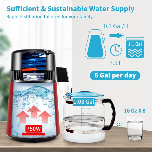 Waterdestilleerder - Zuiver Water Maken - Automatisch Distilleerketel -Filteren 1 L/U - 304 Roestvrij staal - 750W - Rood