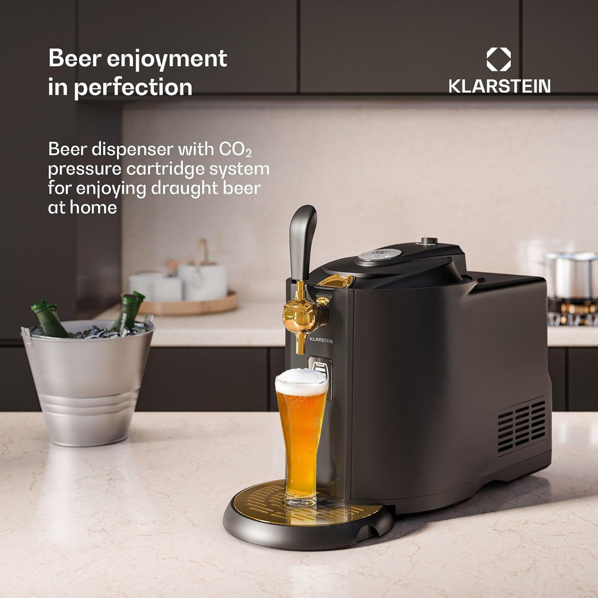 KLARSTEIN Beerkules Bierdispenser - 5 liter vaatcompatibiliteit, ultrasnelle koeling, instelbare temperatuur, CO2-cartridgesysteem, LCD-display, zwart-goud - perfecte biermachine voor thuisbars
