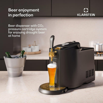 KLARSTEIN Beerkules Bierdispenser - 5 liter vaatcompatibiliteit, ultrasnelle koeling, instelbare temperatuur, CO2-cartridgesysteem, LCD-display, zwart-goud - perfecte biermachine voor thuisbars